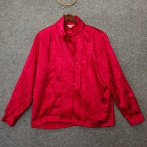 Vintage 80s Secretary Blouse‎ Womens S 6 Pink Satin Floral Jacquard High Neck